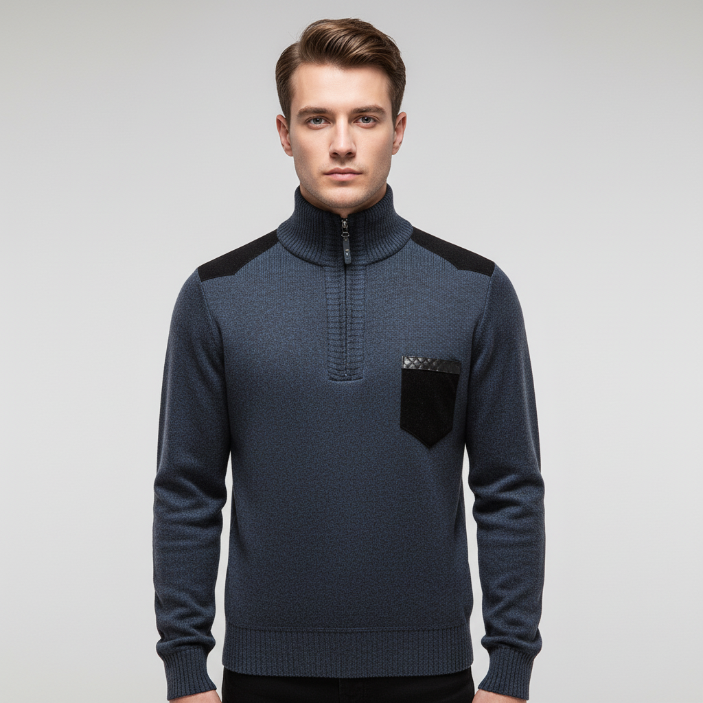 Black men's long-sleeve jumper made from polyester blend, with a modern edge zipper neck
