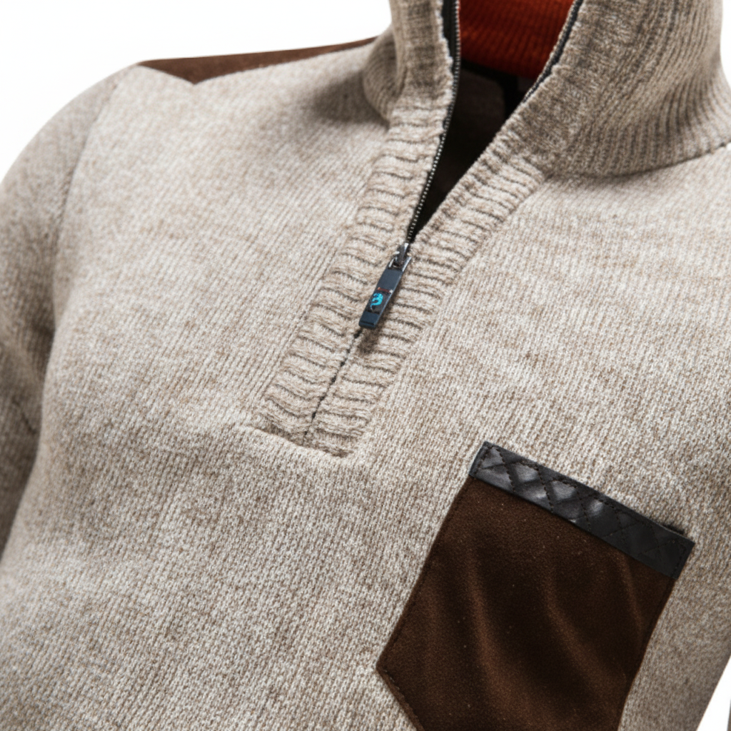 Stylish men's polyester blend sweater with unique edge zipper detail, casual fit