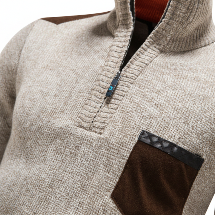 Stylish men's polyester blend sweater with unique edge zipper detail, casual fit