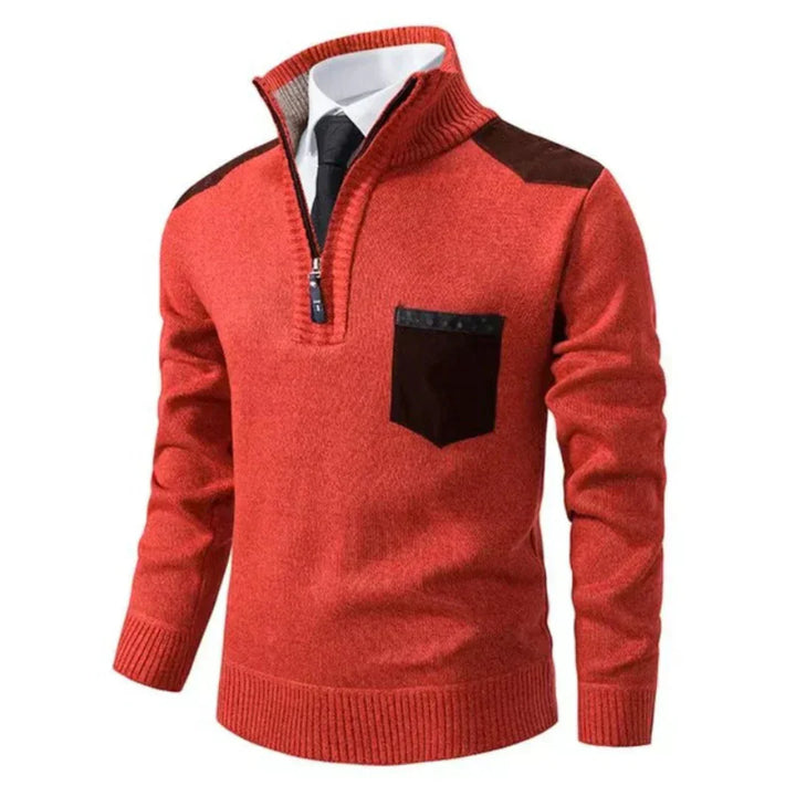 Close-up of edge zipper neck on a men's long-sleeve sweater, comfortable polyester blend