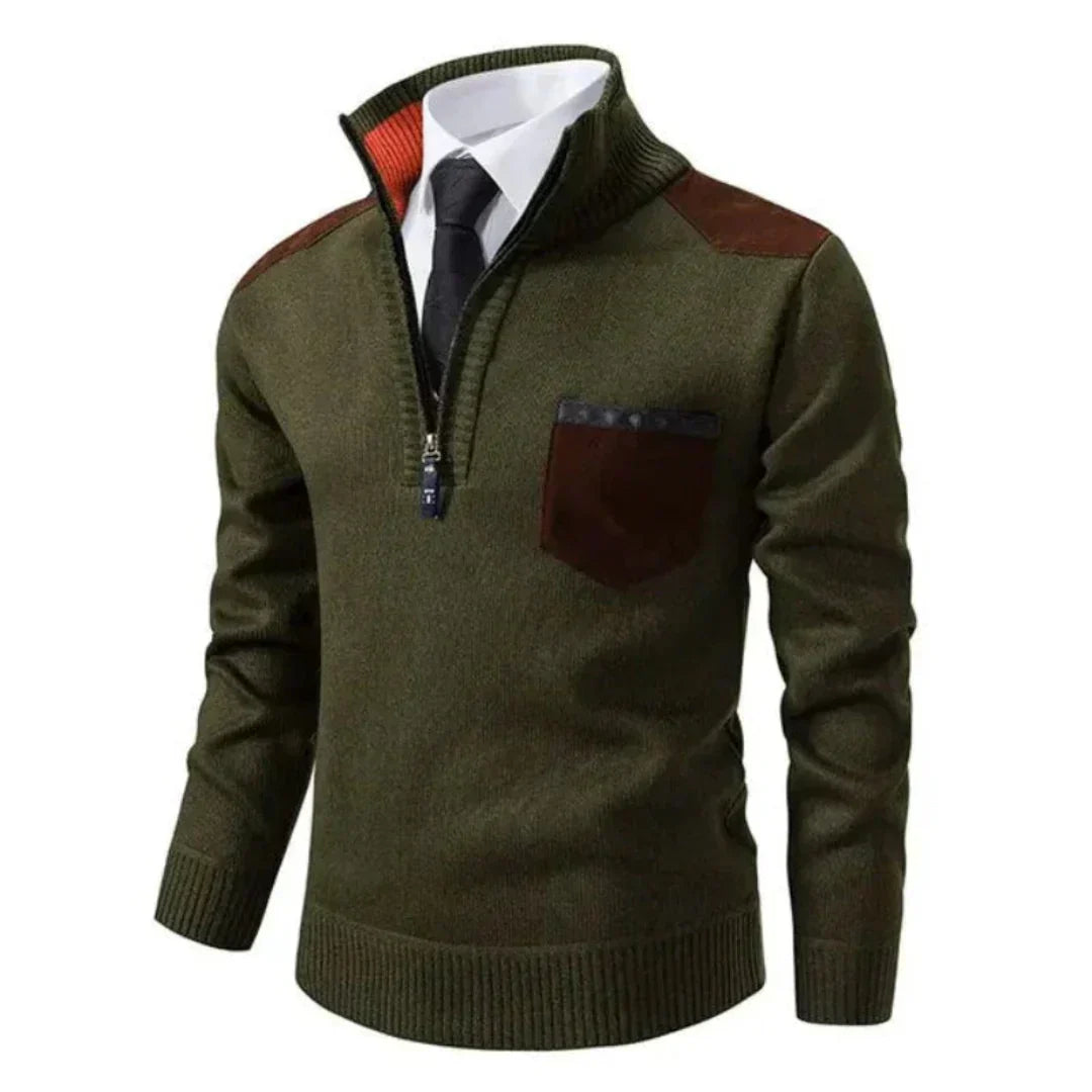 Versatile men's sweater, comfortable polyester blend, smart edge zipper neck design