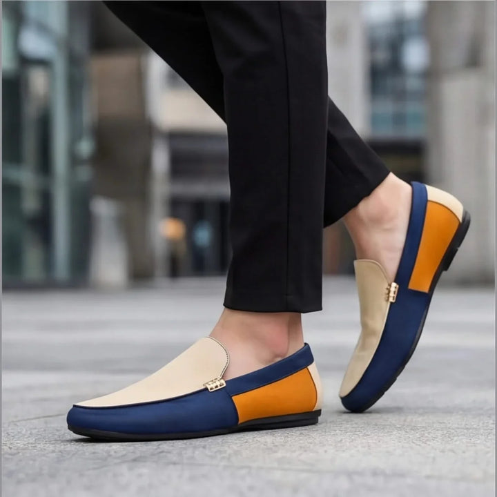 Men's spring footwear: beige slip-on loafers with patchwork design, ensuring all-day comfort & style.