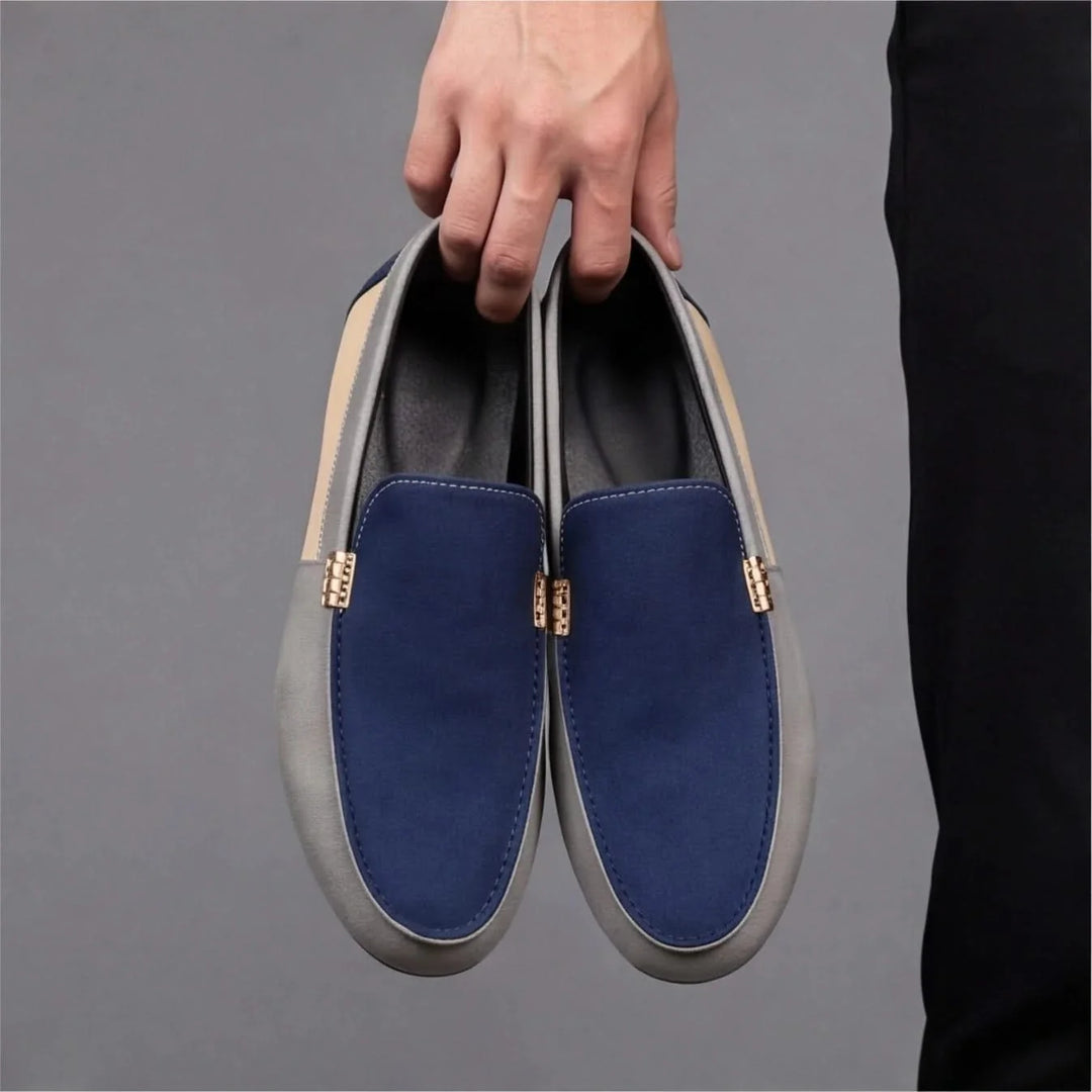 Close-up of men's blue slip-on loafers, showcasing the comfortable design and casual aesthetic.