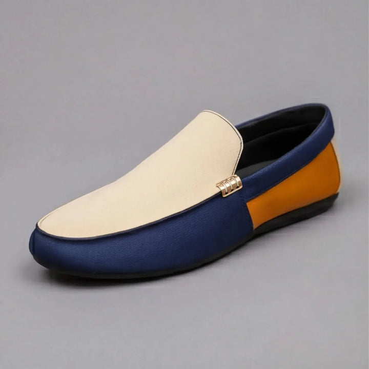 Patchwork design men's loafers, combining blue & beige tones for a fashionable and comfortable casual shoe.