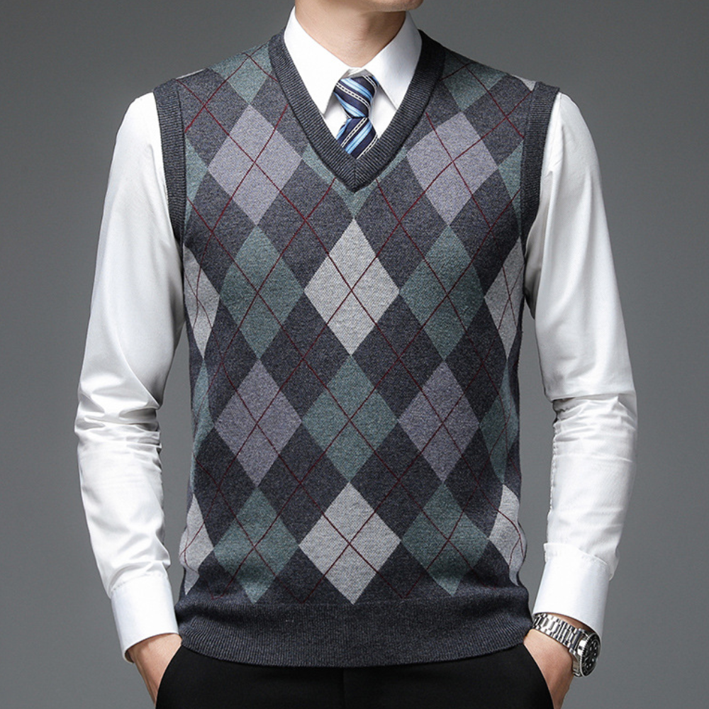 Men's elegant argyle V-neck sweater vest. Classic menswear for sophisticated layering.