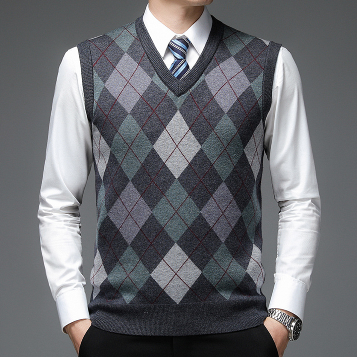 Men's elegant argyle V-neck sweater vest. Classic menswear for sophisticated layering.