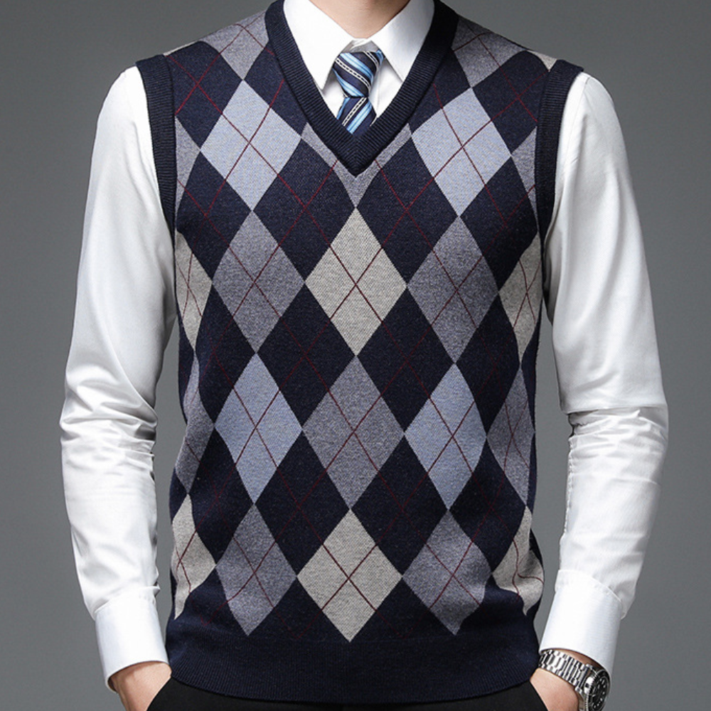 Stylish argyle pattern V-neck sweater vest for men. Sophisticated classic men's fashion apparel.