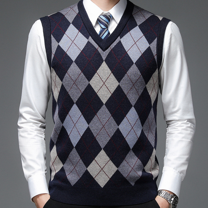 Stylish argyle pattern V-neck sweater vest for men. Sophisticated classic men's fashion apparel.