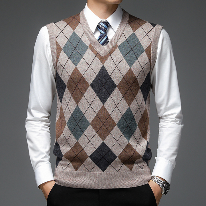 Men's classic argyle V-neck sweater vest, perfect for elegant layering in men's fashion.