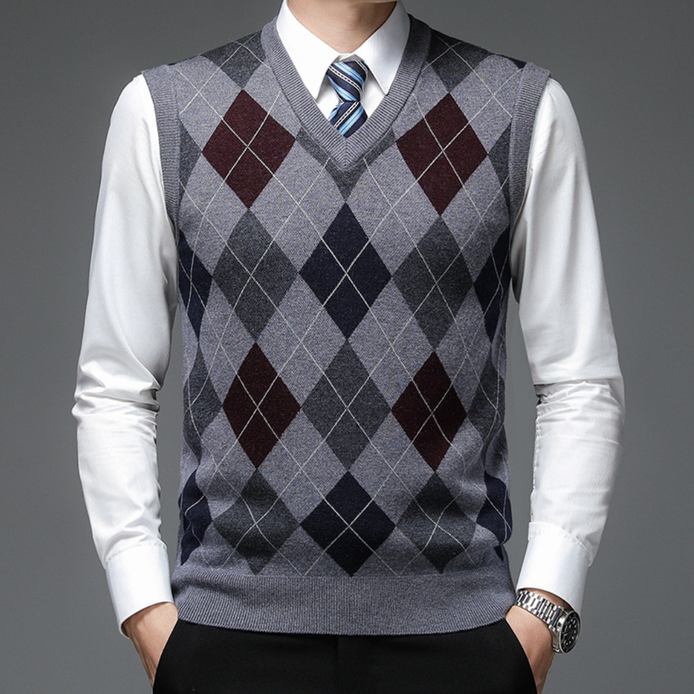 Sophisticated men's argyle V-neck sweater vest. Elegant classic style menswear apparel.