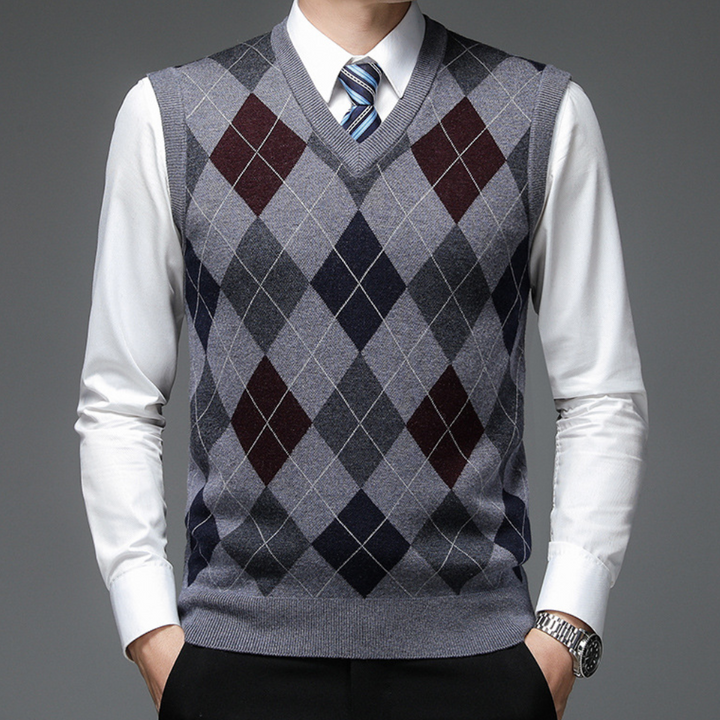 Sophisticated men's argyle V-neck sweater vest. Elegant classic style menswear apparel.