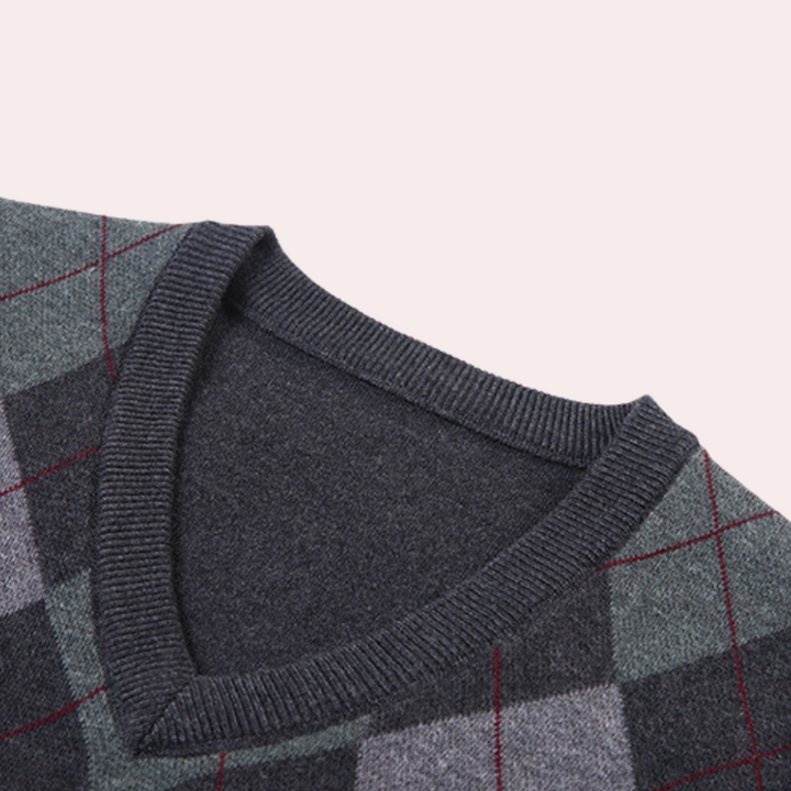Burgundy argyle V-neck sweater vest. Men's classic style for sophisticated menswear.