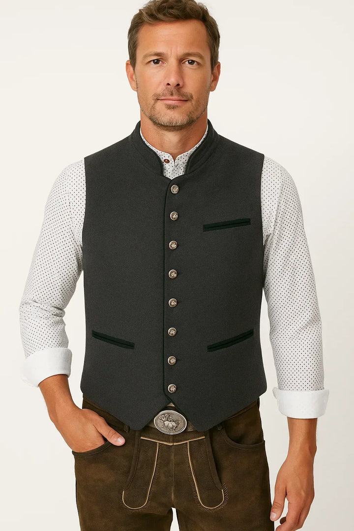Men's elegant black embroidered formal waistcoat. Tailored vest for sophisticated dress, ideal for occasion wear.
