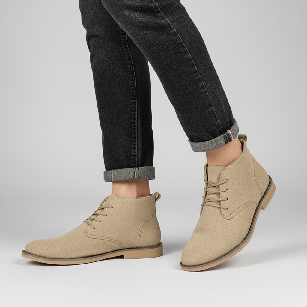 High-top men's faux suede ankle boots in black, ideal for formal occasions and classic style.