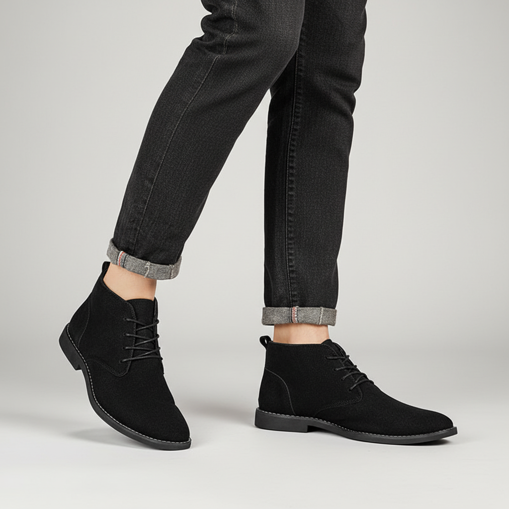 Black faux suede lace-up ankle boots for men, featuring an elegant design and comfortable fit.