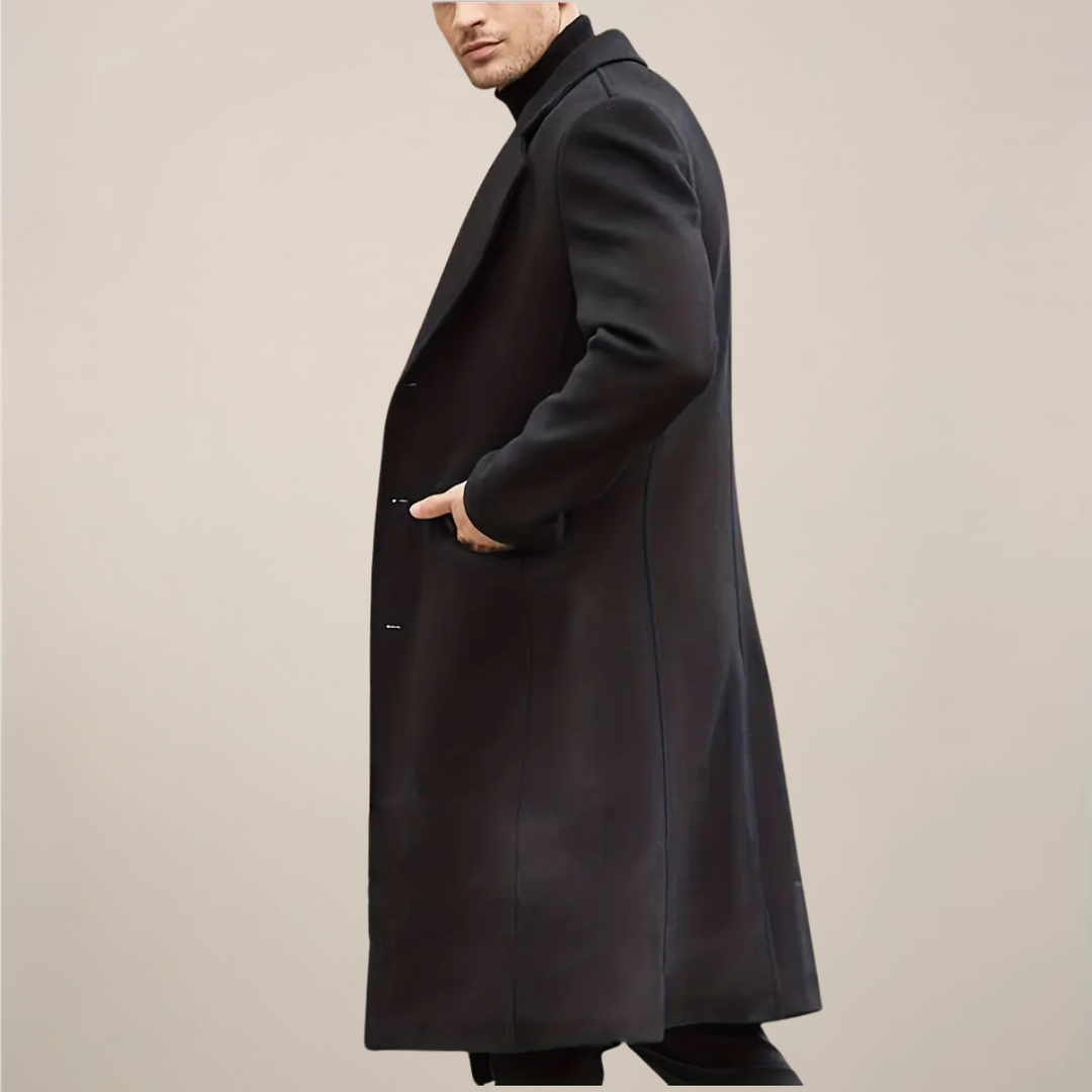 Stylish men's black winter coat, a single-breasted long overcoat for elegant formal and smart casual menswear.
