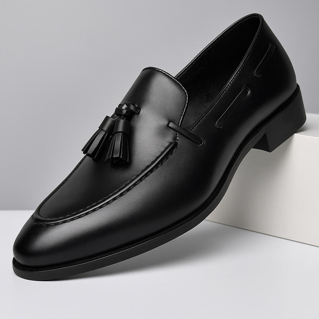 Polished men's slip-on tassel loafers in black, premium formal or casual dress shoes.