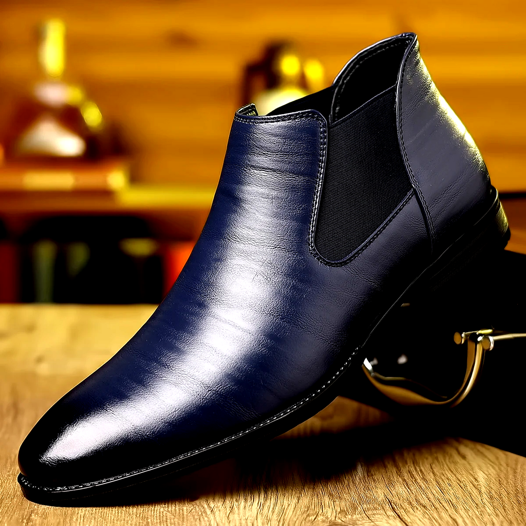 Close-up of men's black elegant dress shoes featuring a comfortable, cushioned design & durable non-slip sole.