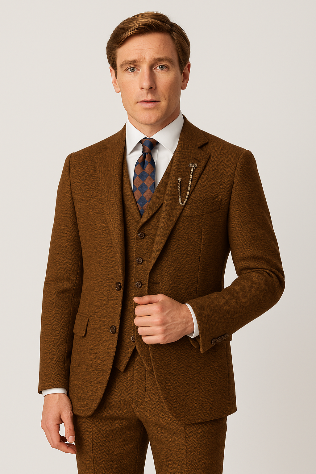 Men's elegant brown three-piece formal suit set with tailored jacket, vest, and trousers for business or wedding.