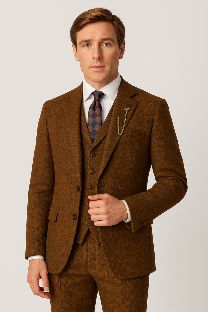 Men's elegant brown three-piece formal suit set with tailored jacket, vest, and trousers for business or wedding.