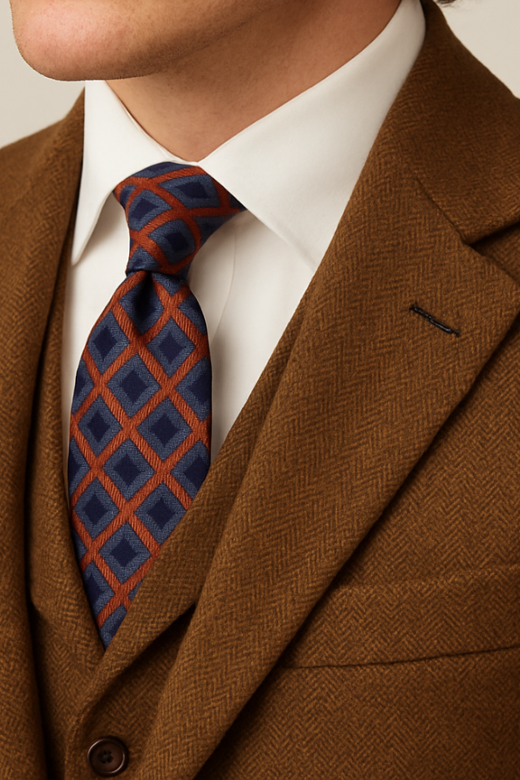 Tailored men's brown formal three-piece suit, showcasing fabric texture, ideal for business meetings & special events.
