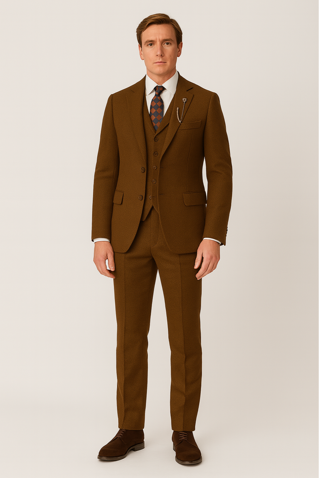 Stylish men's brown three-piece suit set, perfect for a formal wedding, business attire, or elegant gentleman's event.