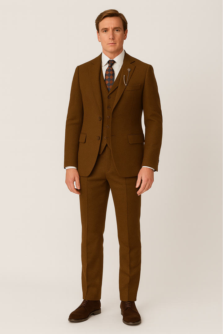 Stylish men's brown three-piece suit set, perfect for a formal wedding, business attire, or elegant gentleman's event.