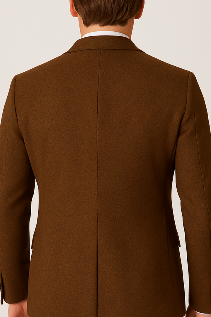 Brown formal men's three-piece suit: a sophisticated tailored jacket, vest, and trousers, embodying modern elegance.