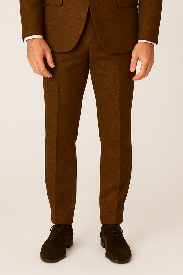 Sharp men's brown formal three-piece suit set, ready for a wedding or business, offering a sophisticated & tailored look.