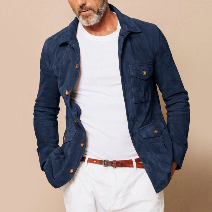 Refined men's button-front jacket, an elegant top and versatile outerwear for sophisticated style.
