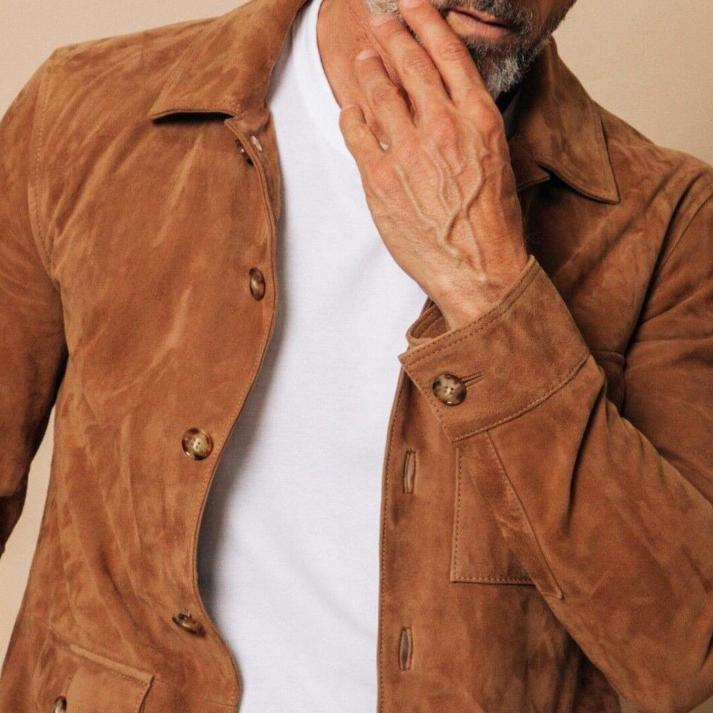 Modern men's elegant button-front jacket. Versatile outerwear for refined smart casual or sophisticated style.