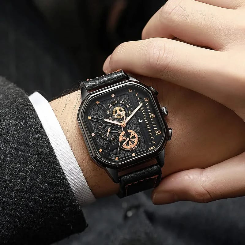 Men's elegant Chronos watch with a square dial, precision quartz movement, and classic leather band.