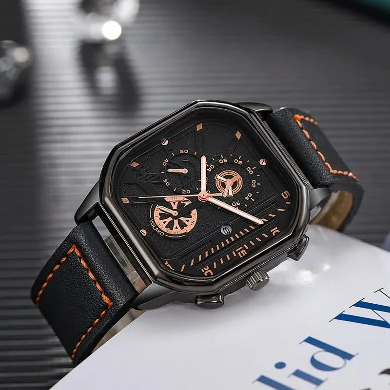 Fashionable men's square dial watch featuring a sleek metal case, elegant design, and durable leather strap.