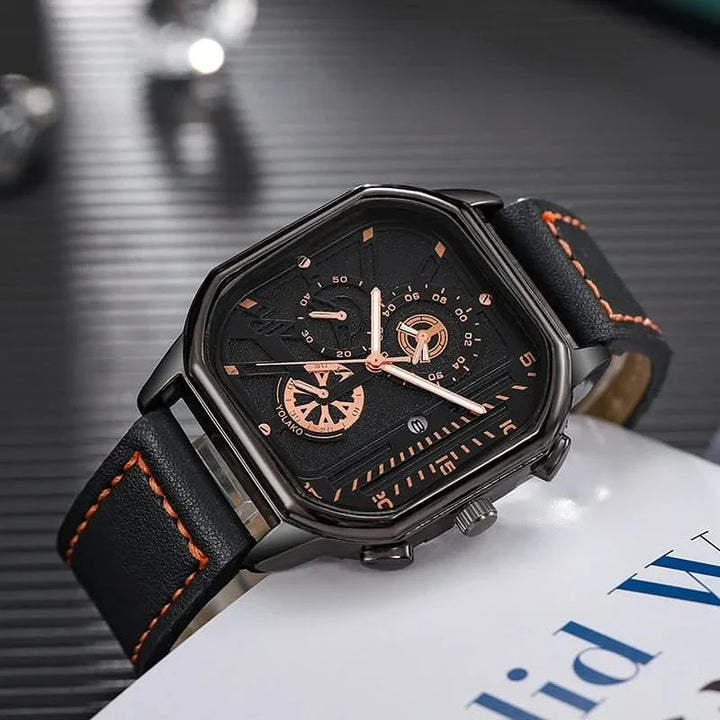Fashionable men's square dial watch featuring a sleek metal case, elegant design, and durable leather strap.