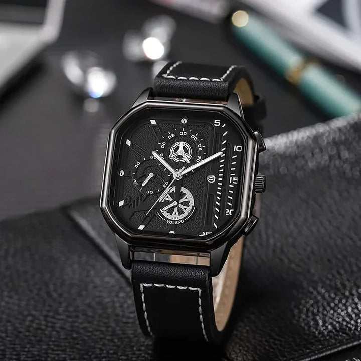 Precision men's square dial timepiece with reliable quartz movement and an elegant black leather band.