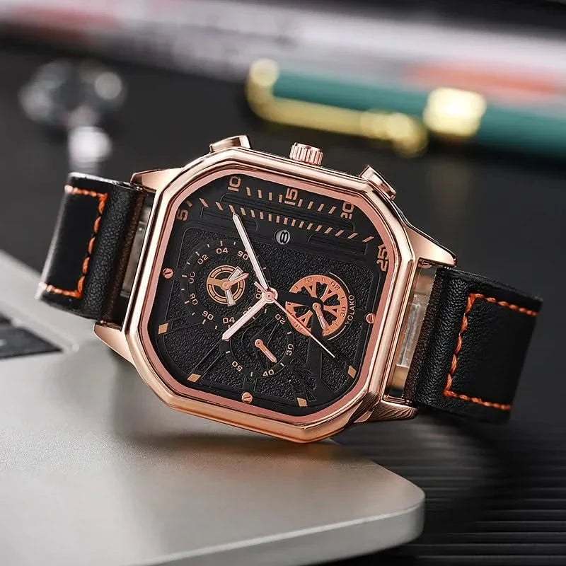 Classic men's Chronos watch: square dial, high-precision quartz movement, and premium leather band. Perfect for fashion.