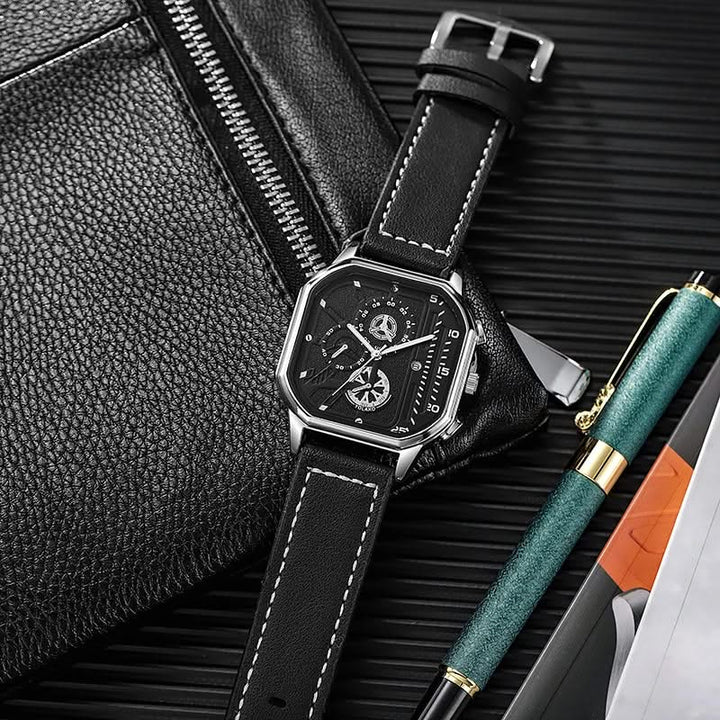 Luxurious men's square dial elegant watch, featuring a polished metal case and comfortable genuine leather strap.