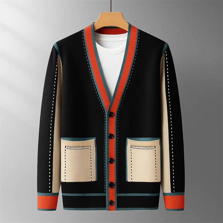Men's elegant contrast trim cardigan for sophisticated layering. Modern menswear style.