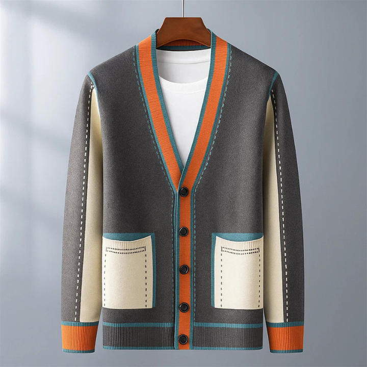 Striking men's contrast trim cardigan, perfect for elegant casual wear & fall fashion.