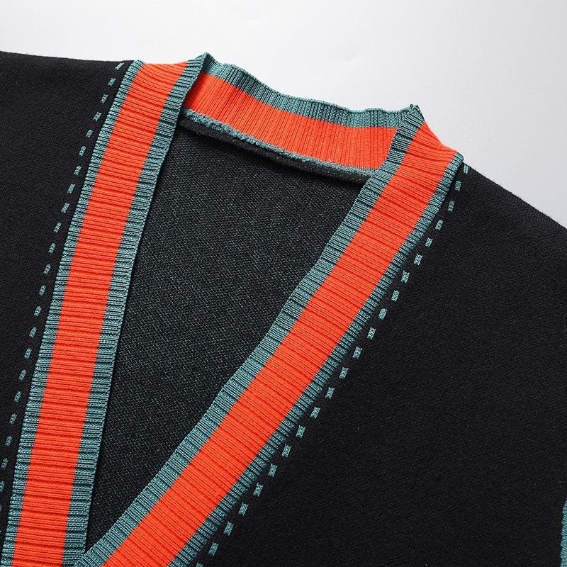 Chic men's cardigan with bold contrast trim. An elegant layering piece for sophisticated style.