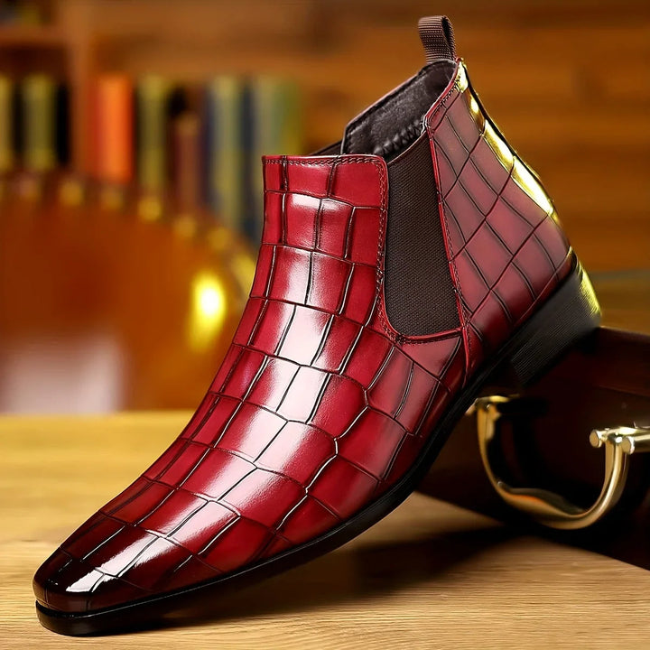 Men's elegant crocodile embossed Chelsea boots with a stylish pointed toe.