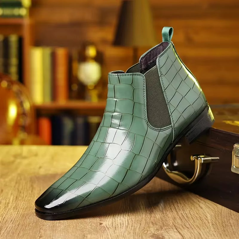 Comfortable & versatile men's crocodile embossed Chelsea boots for formal or casual outfits.