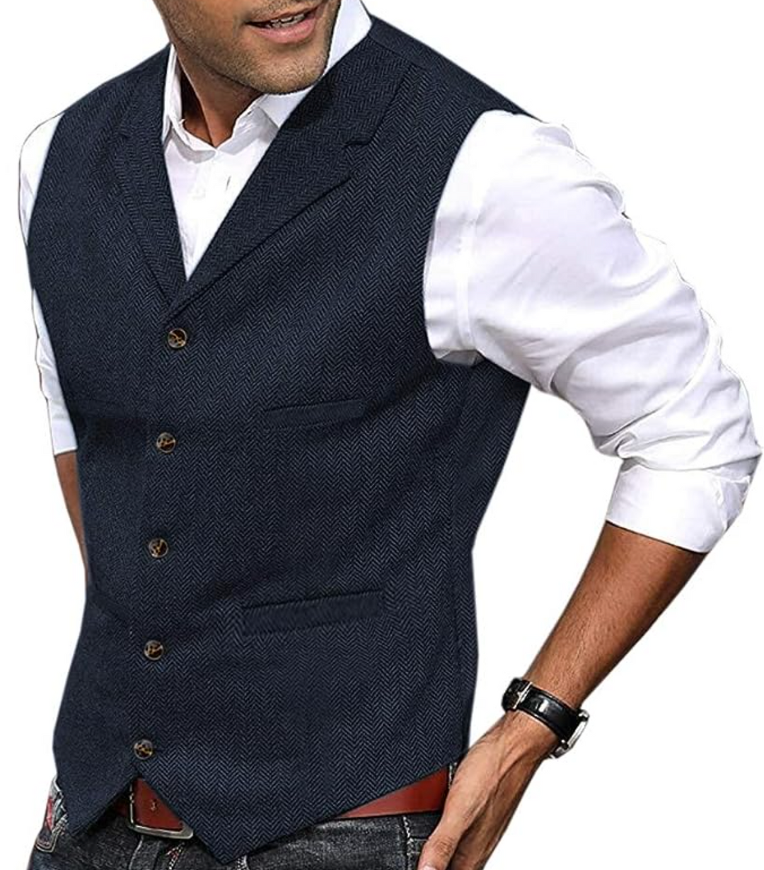 Men's elegant dark blue gilet vest. Versatile cotton blend for layering, perfect for classic men's fashion.