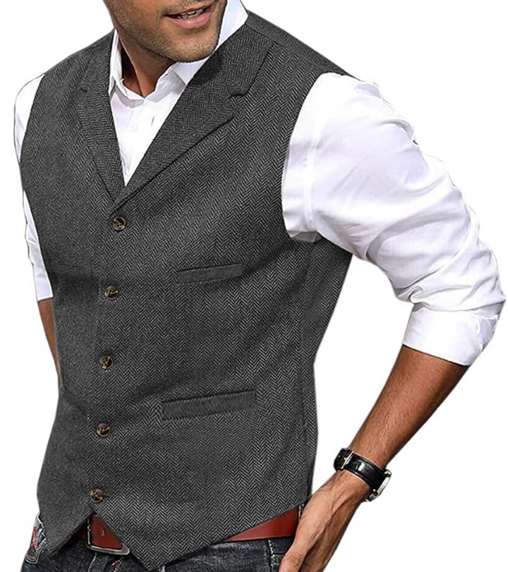 Stylish men's green gilet vest, perfect for versatile layering. Elegant cotton blend for all-season comfort.