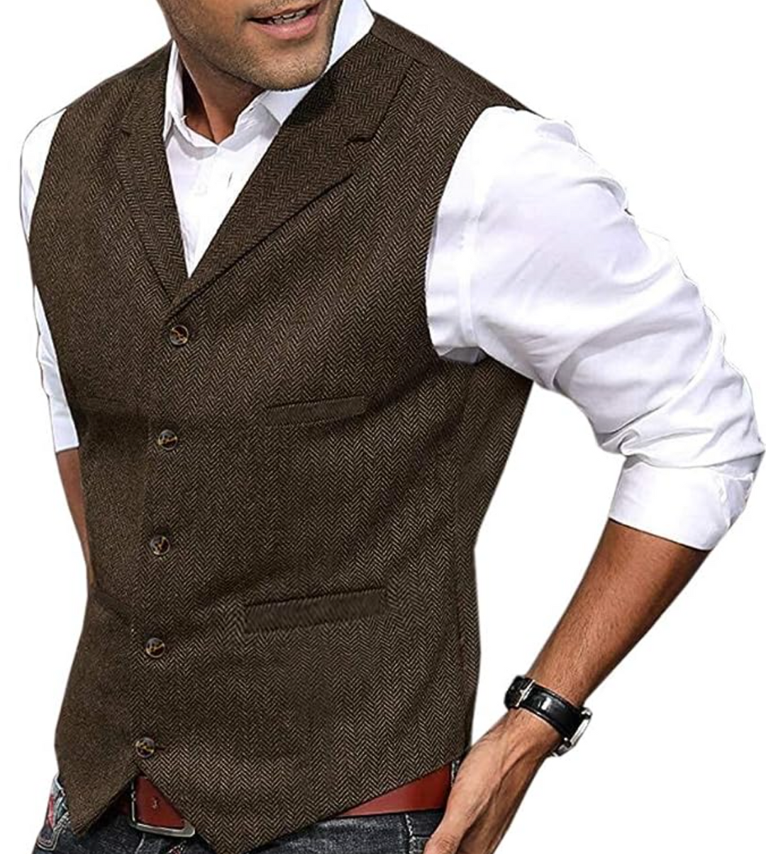 Classic men's brown vest gilet. Elegant cotton blend, ideal for versatile layering and stylish men's fashion.