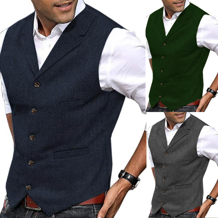 Versatile men's gilet vest. Elegant, comfortable cotton blend for all-season layering in a sophisticated style.
