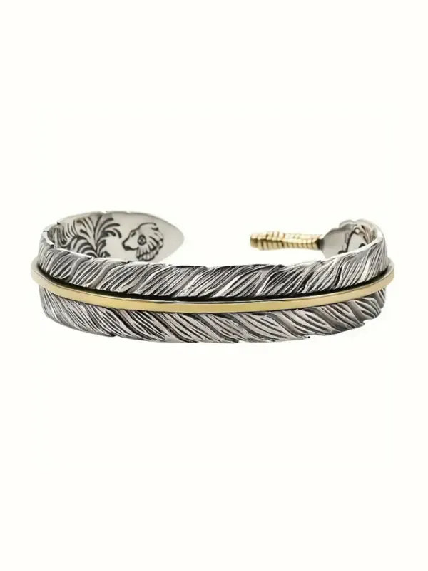 Men's elegant feather cuff bracelet in mixed metal stainless steel, a stylish and adjustable men's accessory.