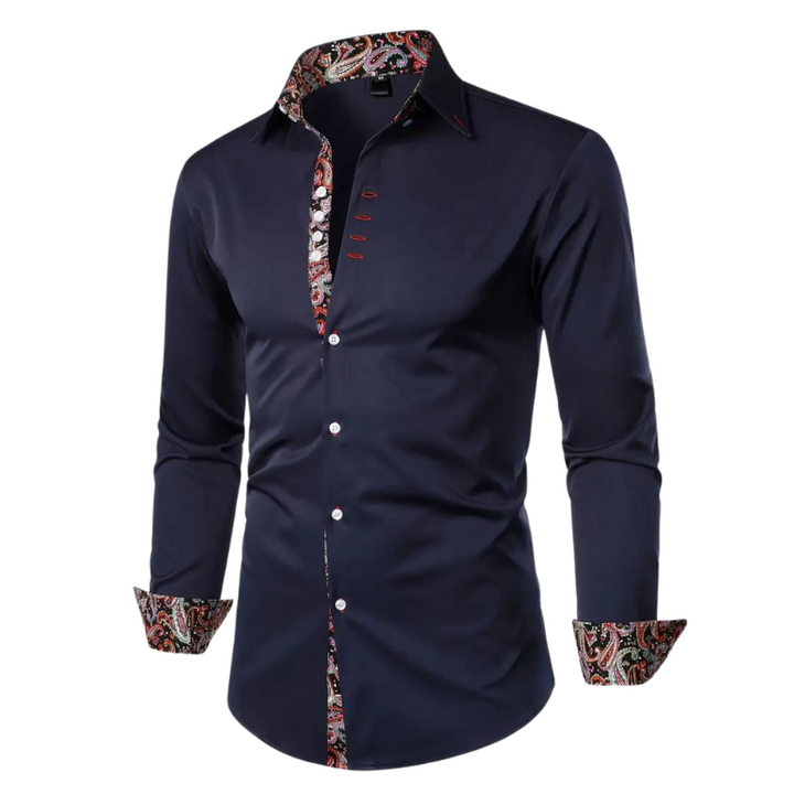 Back view of a slim fit men's elegant party shirt, long sleeve, flattering cut for stylish formal and party events.