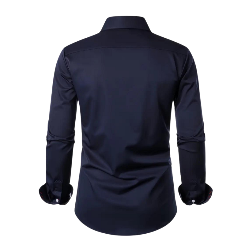 Detailed view of the fabric and texture of the elegant men's party shirt, slim fit, long sleeve.