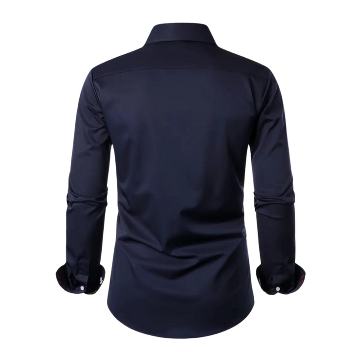 Detailed view of the fabric and texture of the elegant men's party shirt, slim fit, long sleeve.